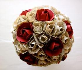 Paper Flower Bouquet, Wedding, Book Page Paper, Red, Paper Rose
