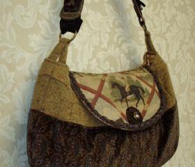 Large Equestrian Paisley Velvet And Wool Tweed Messenger bag / Autumn Fashion