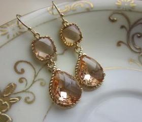 Champagne Earrings Peach Gold Earrings Teardrop Glass Two Tier - Bridesmaid Earrings Wedding Earrings Bridal Earrings