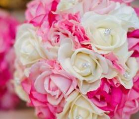 Real Touch Bridal Bouquet - Hot Pink, White, and Soft Pink with Rhinestone Accents