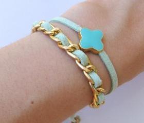 Gold chain double wrap summer bracelet in mint green turquoise crosslet