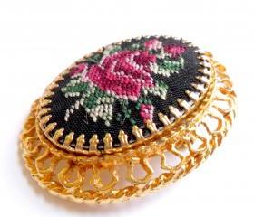 Petit Point Rose Embroidered Brooch Pendant Vintage Gold Tone