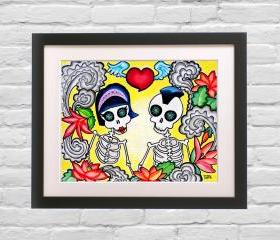 Day of the Dead Art Print - Rockabilly Punk Couple in Love - Tattoo flash Skeleton