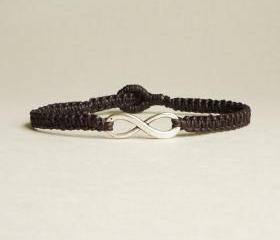 Black Infinity - Simple Single Silver Infinity Sign/Eight woven with Tan Wax Cord Bracelet / Wristband - Men Jewelry - Unisex