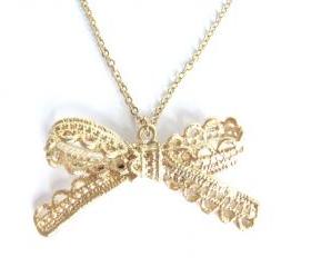 Gold Bow Necklace - Lace RibbonCharm - Gold - Tiffany