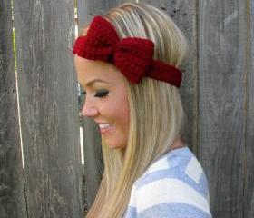Crimson Red Bow Headband with Natural Vegan Coconut Shell Buttons - Adjustable