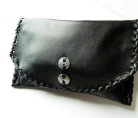 Handmade Simple Soft Black Zippered Clutch with Silver Accent
