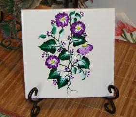 Painted Ceramic Trivet/ Spoon Rest with Purple Flowers