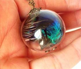 Peacock Feather Glass bubble necklace